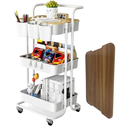 3 Tier Rolling Cart with Metal Handle, Table Top, Hanging Cups, Hooks, Plastic Storage Baskets& Wheels Lockable, Utility Cart for Bathroom Classroom Office Kitchen Pantry Organizers and Storage, White - color: White