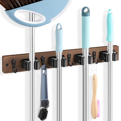 Broom Holder Wall Mount - Heavy Duty Wood Mop and Broom Organizer with 4 Slots & 4 Hooks - Garden Tool Hanger for Laundry Room Closet Kitchen Garage Storage and Organization - Modern Home Decor - color: Brown-4 Slots