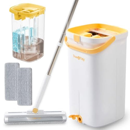 True & Tidy® TrueClean Mop & Bucket Spin Mop Pump System, Patent Pending 3 Compartments Separate Clean & Dirty Water, Hands-Free Self-Wringing Aluminum Head, Machine Washable Pads, in Gift Box
