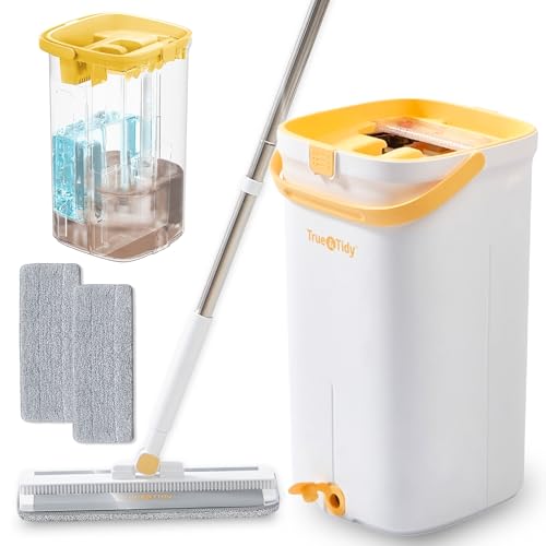 True & Tidy® TrueClean Mop & Bucket Spin Mop Pump System, Patent Pending 3 Compartments Separate Clean & Dirty Water, Hands-Free Self-Wringing Aluminum Head, Machine Washable Pads, in Gift Box