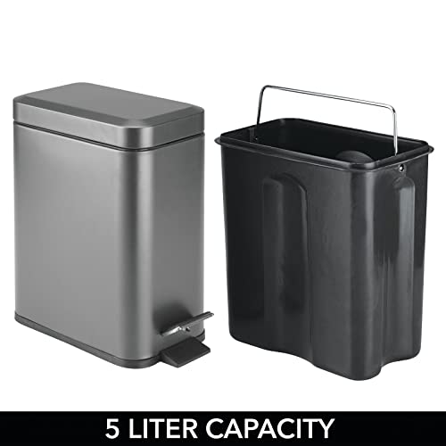 mDesign Small Modern 1.3 Gallon Rectangle Metal Lidded Step Trash Can, Compact Garbage Bin with Removable Liner Bucket and Handle for Bathroom, Kitchen, Craft Room, Office, Garage - Graphite Gray - color: Graphite Gray, size: 1.3 Gallon