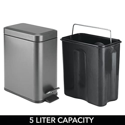 mDesign Small Modern 1.3 Gallon Rectangle Metal Lidded Step Trash Can, Compact Garbage Bin with Removable Liner Bucket and Handle for Bathroom, Kitchen, Craft Room, Office, Garage - Graphite Gray - color: Graphite Gray, size: 1.3 Gallon