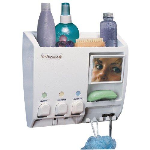 Better Living Ulti-Mate Shower Dispenser 3, Wall Mount Shower Soap Dispenser for Bathroom Hotel Body Wash, Fog-Resistant Shower Mirror, Shelf & Built-in Hooks, No Drill Adhesive, 3 x 14.5 oz, White