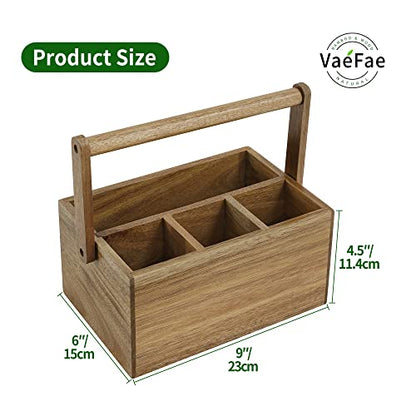VaeFae Acacia Silverware Caddy with Handle, Wooden Utensil Holder, Mulip-pose Organizer for Kitchen, Office, Bathroom, Bedroom - size: Medium