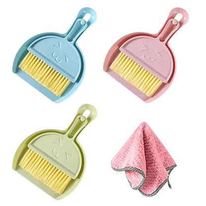 3 Pcs Mini Broom and Dustpan Set with Pink Towel, Small Brush Handheld Broom, Hangable Dustpan for Cleaning Tables, Sofas, Cars, Keyboards, Kitchen Countertops