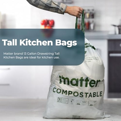 Matter Compostable 13 Gallon Tall Kitchen Trash Bags with Drawstring, Eco-Friendly, Unscented, Durable, Leak-Resistant, 60 Count - style: 13 Gallon Single Pack