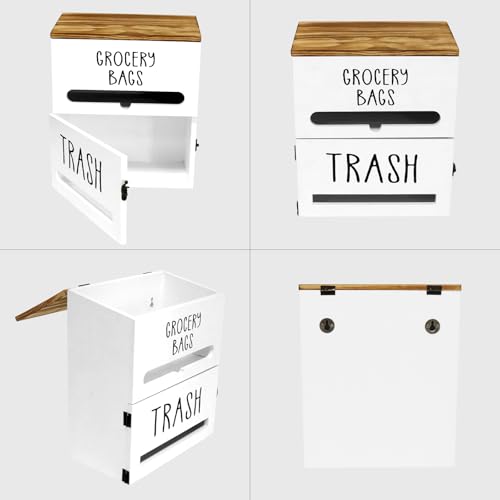 2 in 1 Trash Bag Dispenser, Double Wall Mounted,Wood Trash Bag Holder, used in kitchen, garage, laundry room, can store Environmentally friendly food bags and garbage bags (White) - color: White/Large(10inch*5.5inch*12.2inch）