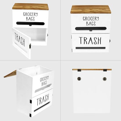 2 in 1 Trash Bag Dispenser, Double Wall Mounted,Wood Trash Bag Holder, used in kitchen, garage, laundry room, can store Environmentally friendly food bags and garbage bags (White) - color: White/Large(10inch*5.5inch*12.2inch）
