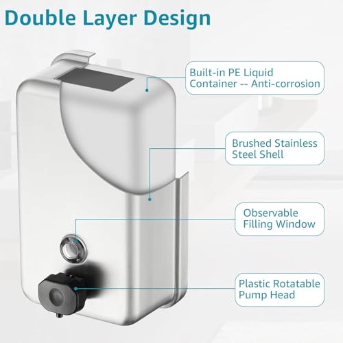 Commercial Wall Mount Soap Dispenser - Stainless Steel Bathroom Hand Soap 38.8oz Liquid - Anti-Leak Pump and Large Capacity Brushed Refillable - size: Vertical 38.8oz Plus