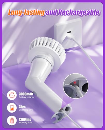 6-in-1 Electric Spin Scrubber, Cordless Power Scrubber with 47.2" Long Extendable Handle, IPX7 Waterproof 2-Speed Scrub Brush for Bathroom, Kitchen, Tile, Tub and Floor Cleaning, White-qb2 - size: 6heads