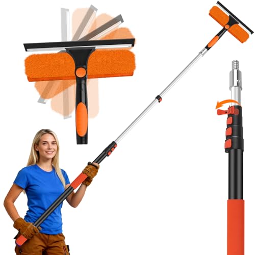 26FT Telescoping Window Squeegee Kit | 2-in-1 Professional Window Washer & Microfiber Scrubber with Extension Pole | High Reach Cleaning Tool for Outdoor, Indoor Windows & Glass - size: 20FT