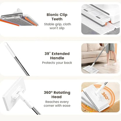 Mini Mop Zero Touch Mini Mop, Disposable Clip Mopstick W/8 Reusable Cloths, Wet&Dry for Floors, 40inch Locking Handle for Gaps & Multi-Surface