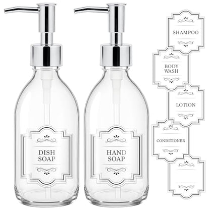 8 oz Clear Glass Pump Bottle, 250ml Small Lotion Dispenser Bottle for Body Massage Oil, Refillable Empty Hand and Dish Soap Dispensers Set with Plastic Silver Pump, Labels - 2 Pack - color: Clear With Silver Pump