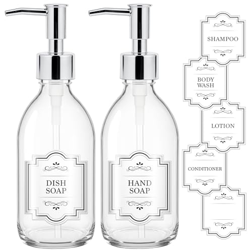 8 oz Clear Glass Pump Bottle, 250ml Small Lotion Dispenser Bottle for Body Massage Oil, Refillable Empty Hand and Dish Soap Dispensers Set with Plastic Silver Pump, Labels - 2 Pack - color: Clear With Silver Pump