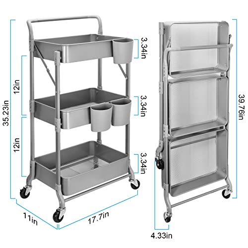 Foldable 3 Tier Metal Utility Rolling Cart, Folding Mobile Multi-Function Storage Trolley Organizer Cart for Home Library Office(Grey) - color: Gray