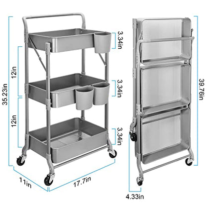 Foldable 3 Tier Metal Utility Rolling Cart, Folding Mobile Multi-Function Storage Trolley Organizer Cart for Home Library Office(Grey) - color: Gray