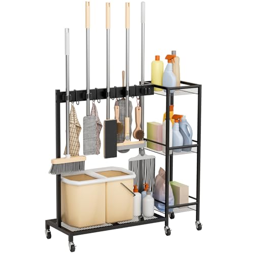 Cleaning Cart on Wheels,Broom Holder with Cleaning Supplies Organizer,10 Grippers, 4 Double-sided Hooks, 3-tier Shelves Broom and Mop Utility Carts for Laundry, Garage, Tool Room Black
