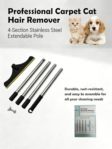Premium Stainless Steel Pet Hair Removal Carpet Rake | Reusable Adjustable Pet Fur De-Shedding Tool for Carpets, Rugs, Upholstery & Auto Mats | Long Extendable Handle, Heavy-Duty Construction (Black) - color: Black