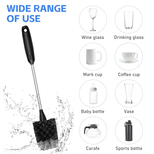 SetSail Bottle Brush of 3 Pack, 14-in Long Stainless Steel Handle Water Bottle Cleaner Brush Non-Slip Grip Bottle Brushes for Cleaning Water Bottles Sport Bottles Coffee Mugs Glasswares Cups, Black