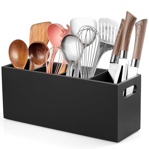 ALELION Large Utensil Holder with Removable Divider - 4 Compartment Wooden Utensil Caddy Organizer for Kitchen Counter - Black Cooking Utensil Crock for Countertop - color: Black, size: 4 Compatment