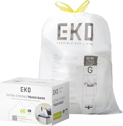 EKO 21 Gallon / 50-90 Liter, 60 Count Drawstring Trash Bags, Extra-Strong Unscented Garbage Bags, Easy-Dispense Roll for Kitchen & Household Use, Code G, White - size: 60 Count (Pack of 1), style: 21 Gallon Bags/Code G