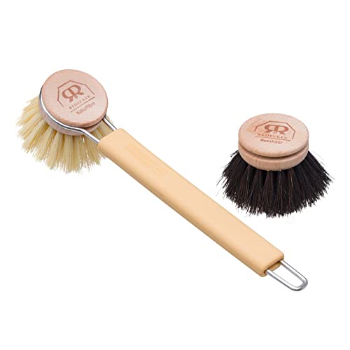 Redecker Dish Brush Set, Silicone Handle – Sand with Tampico & Horsehair Heads – Sustainable Cleaning System, Made in Germany - color: Sand