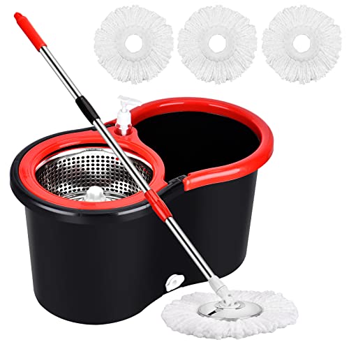 Mop and Bucket with Wringer Set, 360 Spin Mop and Bucket with 3 Replacement Heads, Stainless Steel Mop Bucket 61 Inch Adjustable Handle for Floor Cleaning - color: Black