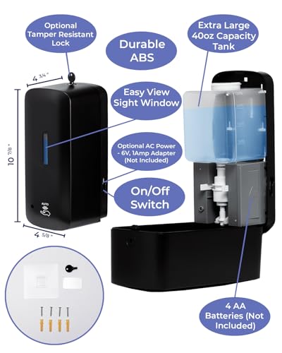 Automatic Soap Dispenser with Extra Large 40 oz. Capacity (Liquid/Gel) - Wall Mounted Hand Soap or Touchless Hand Sanitizer Unit for Commercial or Home Bathrooms - ADA Compliant (Black)