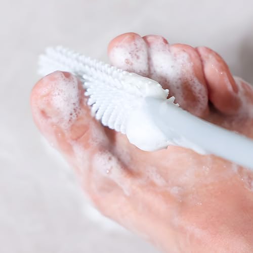 4-Pack Silicone Foot Scrubber & Toe Cleaning Brush with 15.3" Long Handle - No-Bend Shower Design for Seniors & Men & Women (Pink & Grey)