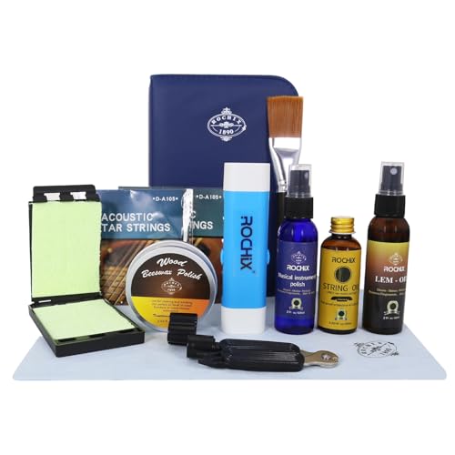 Guitar Cleaner Care Cleaning Kit,Maintenance Kit 11 Pack,Beeswax,Polish,Lemon Oil,String Oil,String Saver,String Guard Pen(Random Color),Winder,Guitar Strings,String Brush,Cleaning Cloth,Case