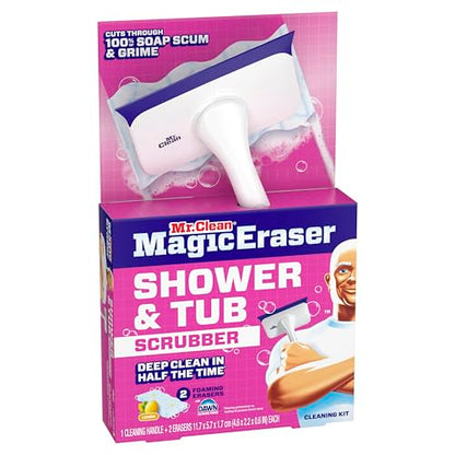 Mr. Clean Magic Eraser Shower & Tub Scrubber, Bathroom Cleaner, All in One Bathroom Cleaner, Lemon Starter Kit, 2 Scrubber, 5 Foaming Magic Erasers, 1 Whole Home Extra Durable Magic Eraser - size: 2 Devices + 6 Refills