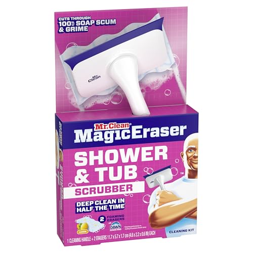Mr. Clean Magic Eraser Shower & Tub Scrubber, Bathroom Cleaner, All in One Bathroom Cleaner, Lemon Starter Kit, 2 Scrubber, 5 Foaming Magic Erasers, 1 Whole Home Extra Durable Magic Eraser - size: 2 Devices + 6 Refills