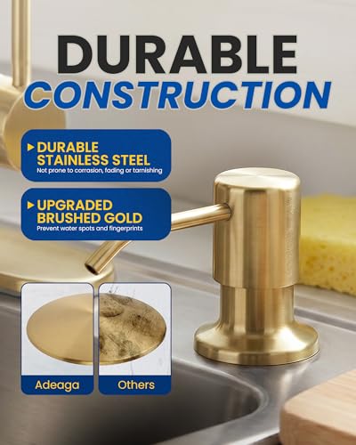 Built in Kitchen Sink Soap Dispenser: Stainless Steel Pump Head with 17 Ounce Large Soap Bottle, Easy Top Refill Design – No Bending Down for Countertop, Brushed Gold - color: Brushed Gold