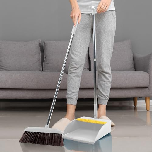 42.7'' Broom with Dustpan Combo Set, House Warming Gifts New Home, Dust pan and Broom Set, Long Handle Broom with Stand Up Dustpan Combo Set for Office Home Kitchen Lobby Floor Use (Khaki) - color: Khaki