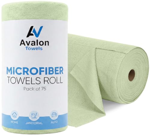 Avalon Towels Microfiber Cleaning Cloth Roll (Value Pack of 75) - Size 12x12 Inches, Tear Away Microfiber Towel Rolls, Highly Absorbent, Reusable, Lint and Streak Free Cleaning Rags for Home - color: Green