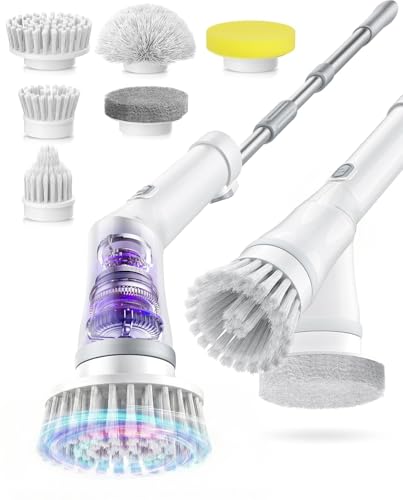 6-in-1 Electric Spin Scrubber, Cordless Power Scrubber with 47.2" Long Extendable Handle, IPX7 Waterproof 2-Speed Scrub Brush for Bathroom, Kitchen, Tile, Tub and Floor Cleaning, White-qb2 - size: 6heads