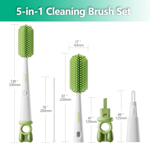 Detachable 5-in-1 Bottle Cleaning Brush Set - Silicone Baby Bottle Brush Cleaner Kit with Nipple Brush, Detail Brush & Straw Brush, Portable Long Handle Bottles Scrubber Cleaning Tool