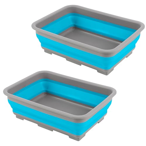 Collapsible Bucket for Cleaning 2-Pack - 7.27L Foldable Wash Bin Dish Tubs - Collapsible Wash Basin or Camping Sink Set for Beach, Tailgating or Soaking Laundry - Cleaning Supplies by Wakeman (Blue) - color: Blue, size: 2-Pack