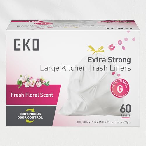 EKO 21 Gallon / 50-90 Liter, 60 Count Drawstring Trash Bags, Extra-Strong Garbage Bags, Fresh Floral Scent with Continuous Odor Control, Easy-Dispense Roll for Kitchen and Household Use, Code G, White - size: 60 Count (Pack of 1), style: 21 Gallon Bags/Co