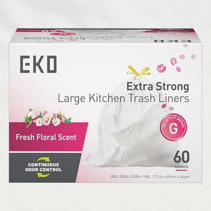 EKO 21 Gallon / 50-90 Liter, 60 Count Drawstring Trash Bags, Extra-Strong Garbage Bags, Fresh Floral Scent with Continuous Odor Control, Easy-Dispense Roll for Kitchen and Household Use, Code G, White - size: 60 Count (Pack of 1), style: 21 Gallon Bags/Co