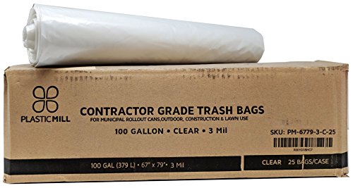 PlasticMill Contractor Bags Heavy Duty - Commercial, Industrial Garbage Bags - Clear Construction Trash Bags - Outdoor, Garden Trash Bags, 100-Gallon, 3 Mil, 67"x79" (25-Count)