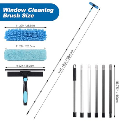 Window Squeegee Cleaner Tool with Extension Pole: 2-in-1 Window Cleaning Kit - 86.6 Inch Telescopic Long Window Cleaning Tool for High Windows Car Glass - with 2 Microfiber Cloth & Squeegee Blade - color: Blue