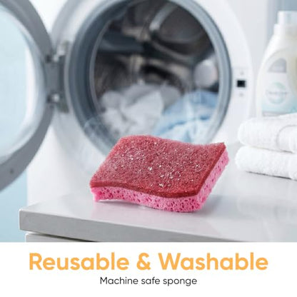 Non-Scratch Cellulose Sponge Kitchen Scrub Sponge with Scouring Pad Set, Good for Non-Stick Cookware Frying Pan, Pot, Counter Top, Sink Scrubbing, Kitchen Scrubbers, Pack of 1, Red/Pink - color: Red, size: 1-pack