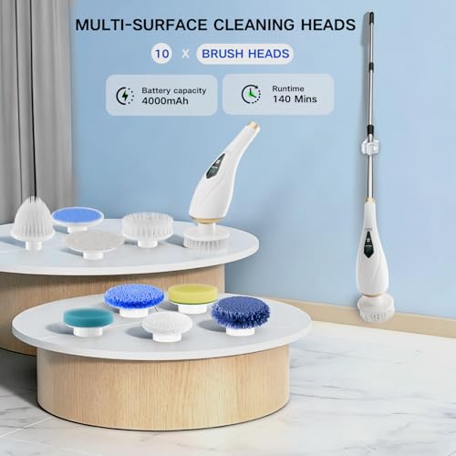 Electric Spin Scrubber Cordless Shower Cleaning Brush with 10 Replaceable Brush Heads, Extendable Handle Up to 59", 2 Speed, Waterproof, 2H Cleaning Time for Bathroom Shower Tile Glass Car