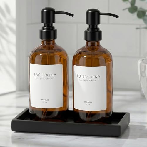 2 Packs Glass Dish Soap Dispenser Set for Kitchen, Hand and Dish Soap Dispenser with Stainless Steel Pump & Resin Tray, Rental-Modern Refillable Countertop Soap Dispenser for Bathroom,Amber - color: Amber