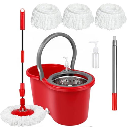 Spin Mop and Bucket with Wringer Set, 360° Spinning Mop Bucket System with 3 Microfiber Mop Replacement Heads Refills,56" Stainless Steel Extended Handle for Floor Cleaning Home(20QT) (Green) (Red) - color: Red