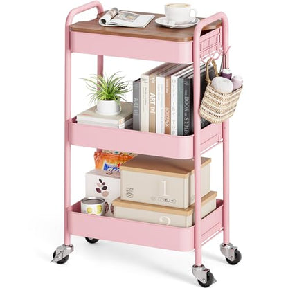 TOOLF 3-Tier Rolling Cart with Table Top, Metal Storage Cart on Wheels, Utility Organizer with Wooden Tray, Lockable Casters, Easy Assembly for Bathroom, Living Room, Office, Bedside, Pink - color: Pink