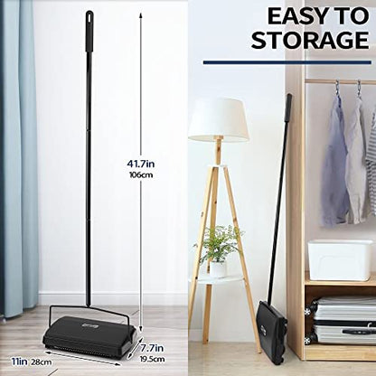 JEHONN Carpet Floor Sweeper Manual with Horsehair, Dust Mop for Floor Cleaning with 2 Washable Microfiber Pads