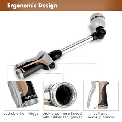 RESTMO Metal Watering Wand, Heavy Duty Garden Hose Wand with 180° Swivel Ratcheting Head, 16'' Hose Nozzle Sprayer with 7 Spray Patterns and Flow Control, for Water Hanging Baskets and Shrubs, Gold - color: Gold