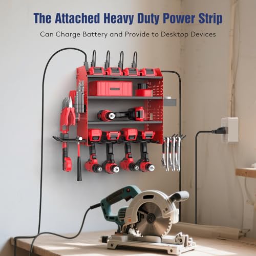 Heavy Duty Power Tool Organizer Wall Mount with Charging Station, 4 Layer Garage Storage Adjustable Shelves Height, Holds 4 Drills, 2 Hooks, Screw & Screwdriver box, Gifts for Fathers Day, Anniversary - color: Red